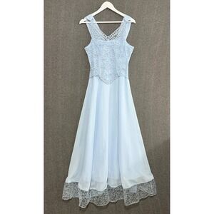 Vintage 90s Womens M Light Blue Soutache Embroidered Maxi Gown Coquette Romantic